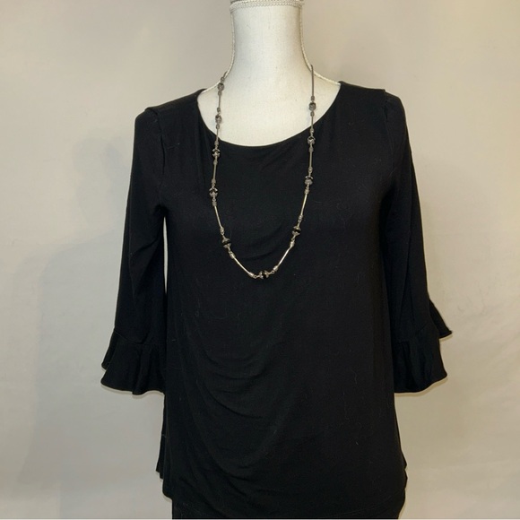 White‎ House Black Market Black Ruffled 3/4 Sleeve Blouse - Picture 3 of 6
